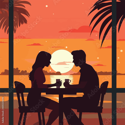 A couple on a date in a restaurant. Sunset. Kiss. Set of vector illustrations. Flat design. Typography. Background for a poster