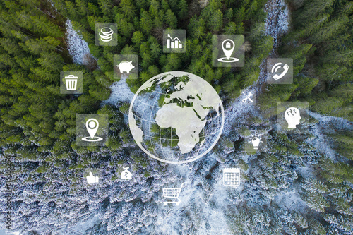 Globe in green forest. Environment protection concept. Ecology. Sustainable society. SDGs.
