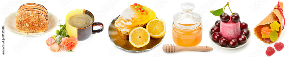 Sweet pastries and other desserts isolated on white. Wide photo. Collage. Sweet pastries and other desserts isolated on white. Wide photo. Collage.