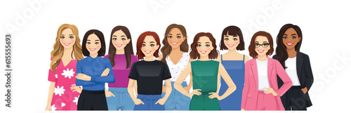 Portrait of multiethnic group of different casual and business women standing together isolated vector illustration