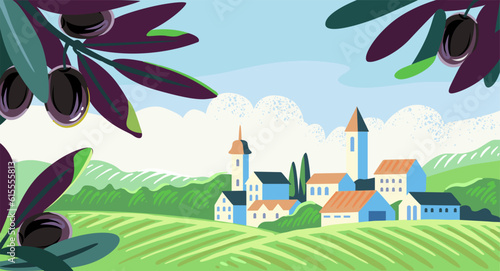 Landscape with olive tree. Village landscape.