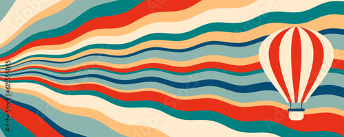 Psychedelic print with hot air balloon on wavy sky background. Perfect for cup, mug, postcard, sticker, banner. Vector illustration.