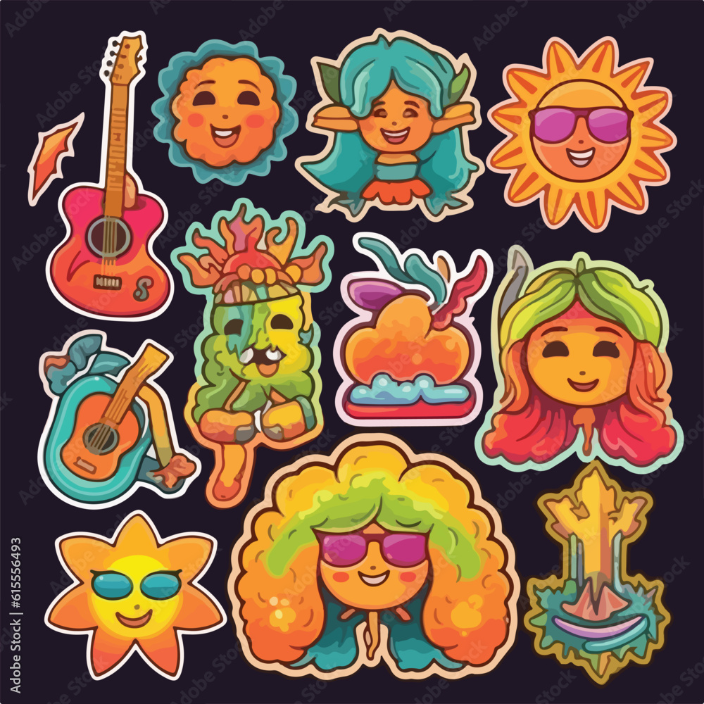 Cartoon summer groovy stickers 70s. Cute retro characters. Hippie style, set cute sunny labels. Isolated on black background