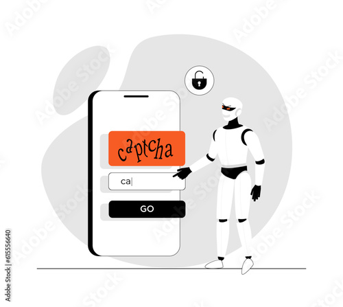 Bypass captcha, Anti captcha, Solving service. Robot enters captcha on the phone screen. Illustration with people scene in flat design for website and mobile development.