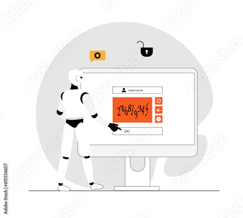 Bypass captcha, Anti captcha, Solving service. Robot enters captcha on the monitor screen. Illustration with people scene in flat design for website and mobile development.