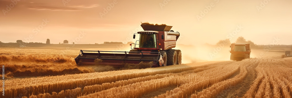 farmers on the field harvesting crops on tractors - obrazy, fototapety, plakaty 