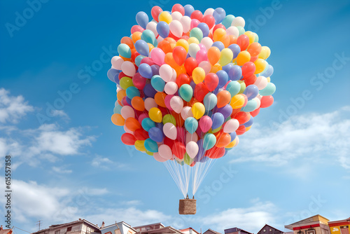 Colorful balloons floating in the sky. Illustration AI Generative