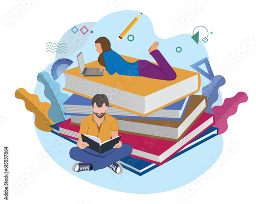 People celebrate international literacy day and happy student day by working on computers and reading books. Flat vector illustration design