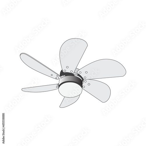 Five-bladed electric ceiling fan with a realistic abstract art concept, isolated on a white background and fixed to a roof. Vector file, gray color, eps10. © GiasUddin