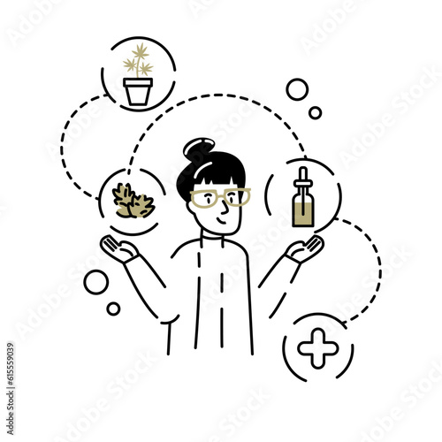 Young laboratory worker holding medical product with cannabis ingredient. Development of cosmetic and medical products. Flat line vector illustration in cartoon style