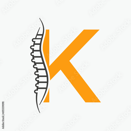 Letter K Orthopedic Health Bone Logo Design With Back Bone Icon. Bone Health Logo Sign