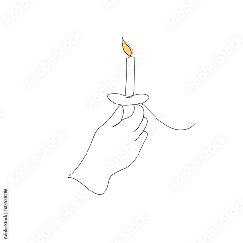 Candle in the style of line art with colored .Continuous line drawn human hand hold candle flame.
