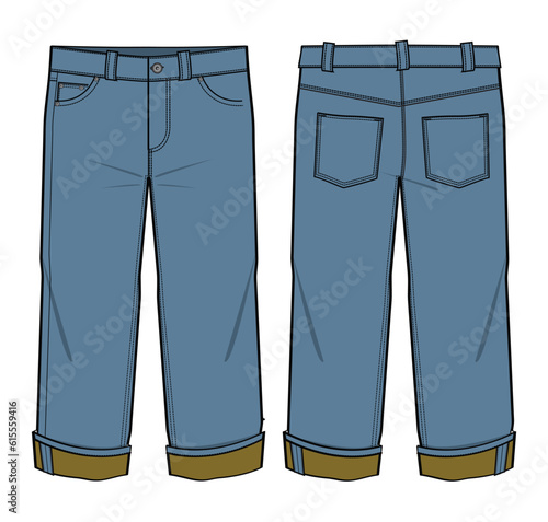 Kids Boy's Contrasting Inside Folded Hem Denim, Jeans Front and Back View. Fashion Flat Sketch Vector Illustration, CAD, Technical Drawing, Flat Drawing, Template, Mockup.