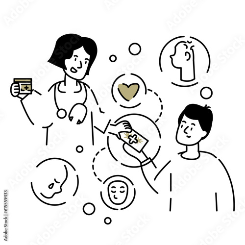Female in white coat with stethoscope giving medicine to young male. Medical product development concept. Doctor giving medicine to patient. Flat line vector illustration in cartoon style