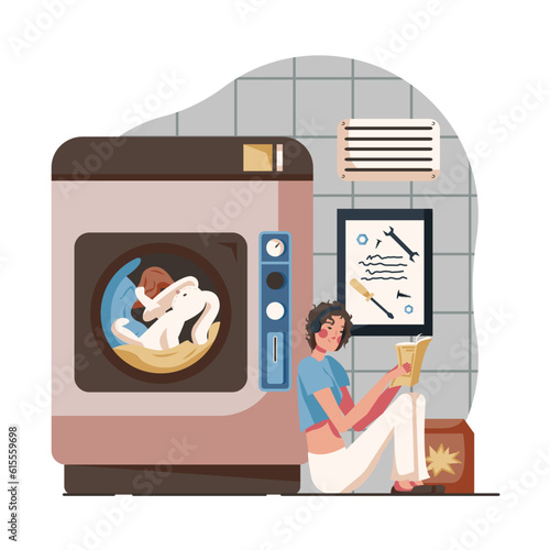 Smiling lady sitting near big washing machine, holding book and reading and waiting. Washing children clothes and toys. Waiting time in public laundry. Vector flat illustration in blue colors