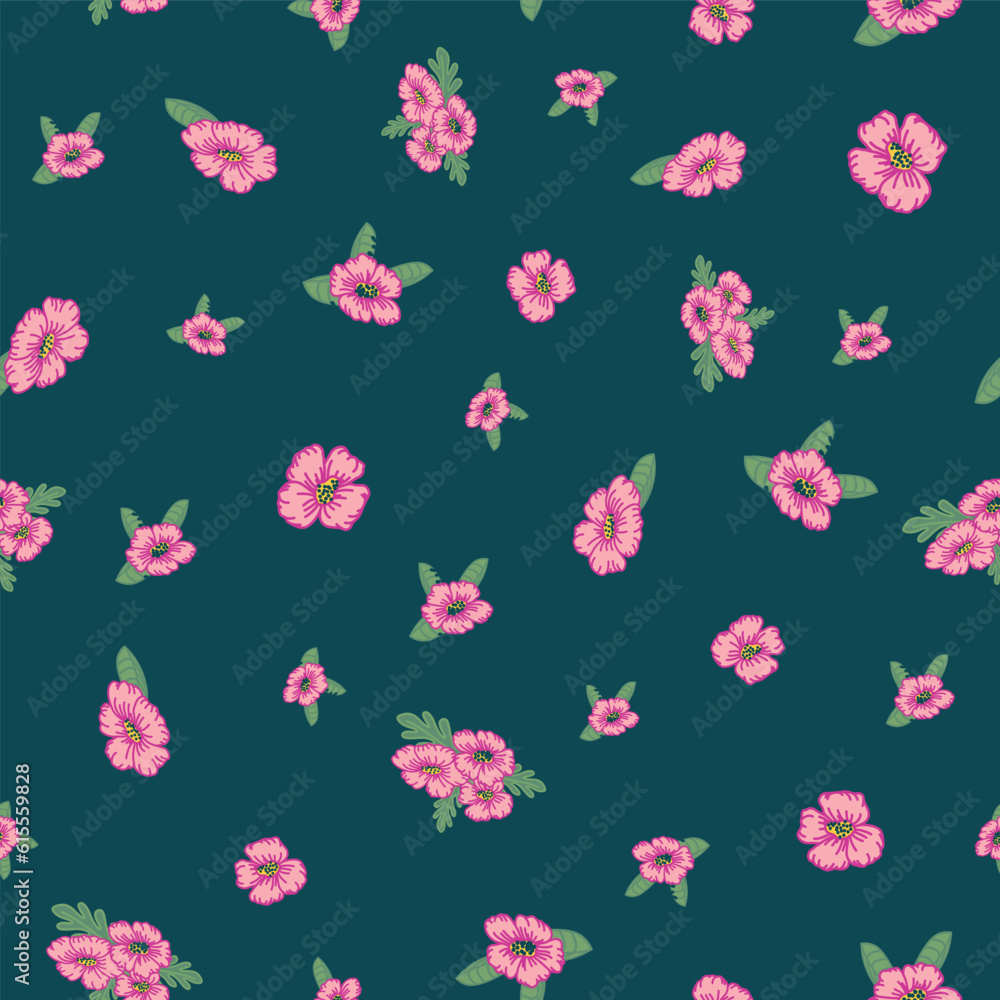 Vector seamless repeat pattern design featuring tiny pink flowers on a charcoal black background.