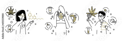 Set of laboratory workers working on cosmetics products with cannabis ingredient. Development of cosmetic products. Female trying face mask in bathroom. Flat line vector illustration