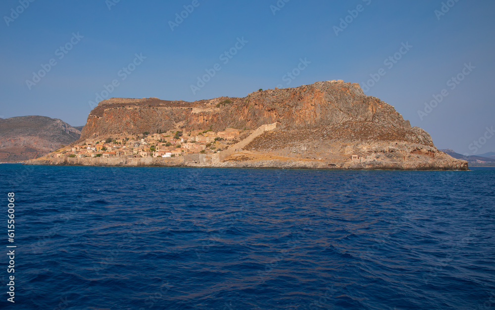 Monemvasia island surrounded by the Myrtoan Sea off the east coast of the Peloponnese municipality in Laconia, Greece.