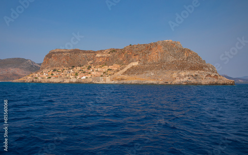 Monemvasia island surrounded by the Myrtoan Sea off the east coast of the Peloponnese municipality in Laconia, Greece.