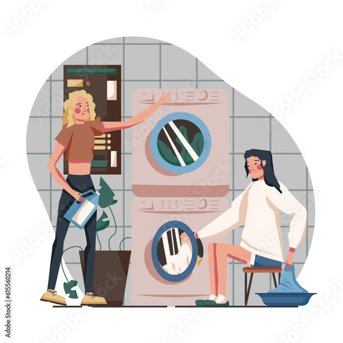 Woman doing laundry, taking clothes from machine. Process of loading washing machine. Female standing near and holding soap powder. Vector flat illustration in blue colors