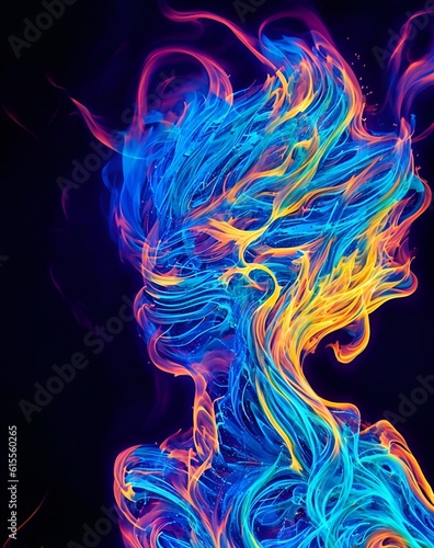 Photo of a vibrant neon abstract painting with blue and yellow hues set against a black background
