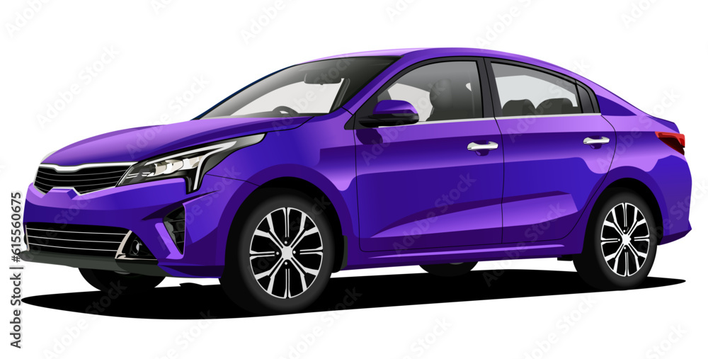 Realistic Vector Car in Purple with Gradients, Front Isometric View with shadow isolated in white