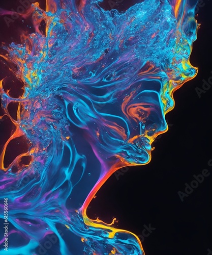 Photo of a neon-inspired digital painting featuring a woman's glowing face and vibrant hair
