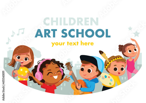 Group of creative children. School kids singing, dancing, performing, playing music. Group of talented boys and girls.