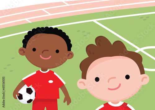 Children on a stadium ready to play football. Boys in football uniform.