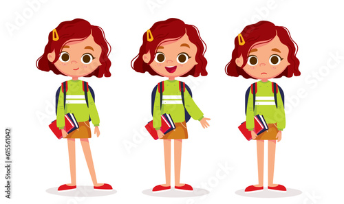 Set of emotions. Pretty girl standing. Diverse poses and face expressions.