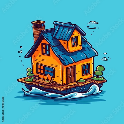 Floating wooden house vector illustration, wooden house with water vector illustration