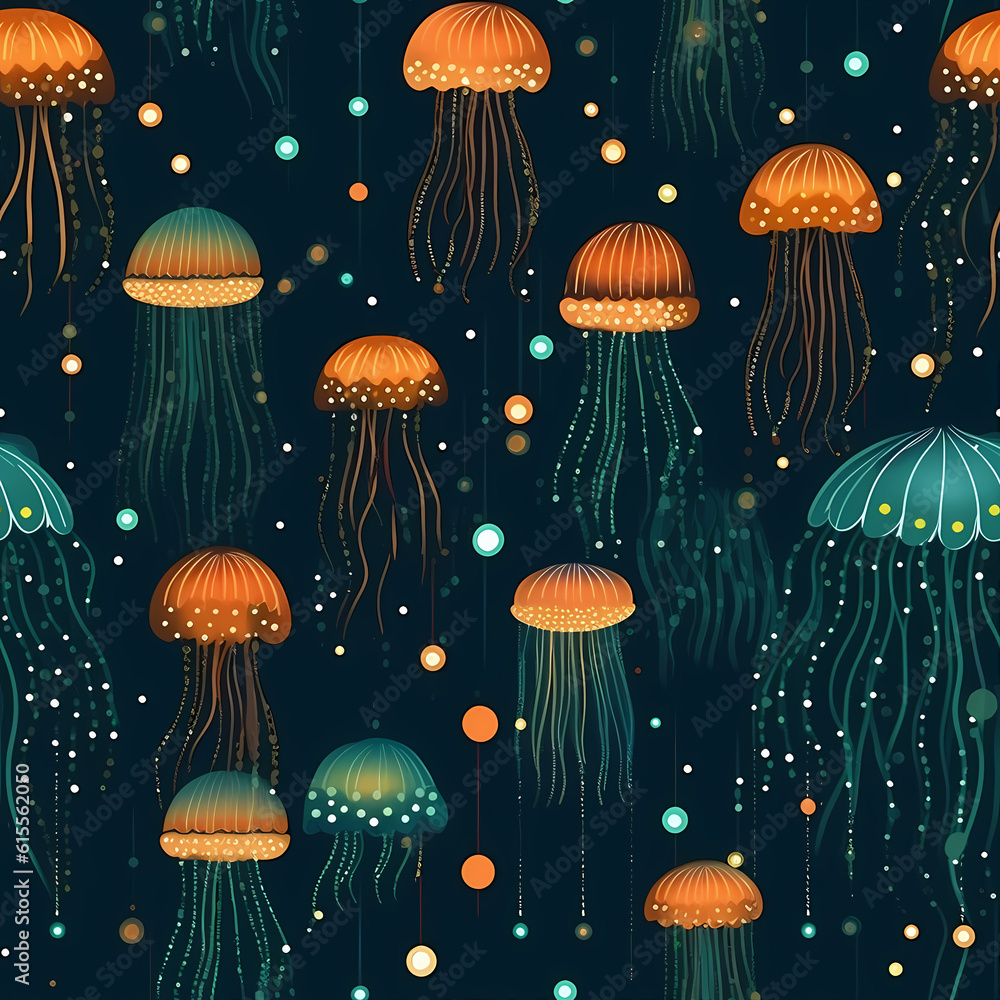 Fototapeta premium Abstract colorful jellyfish seamless pattern art. Cartoon line illustration design. Jelly fish,sea seamless pattern concept
