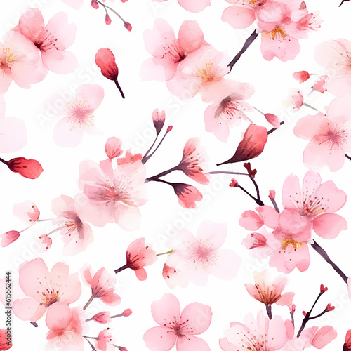 Spring sakura blossom seamless pattern. Watercolor floral print. Pink flowers of plum or cherry tree. Botanic floral background. © ckybe
