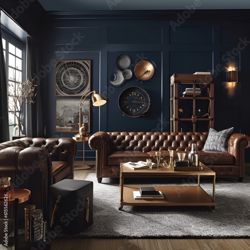 Moody bachelor living room with warm orange leather couch and rich blue walls. - Generated AI