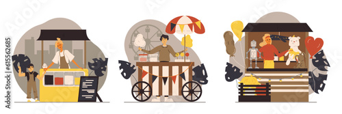 Set of sellers working outside, sell street food from truck. Lady in apron giving ice cream to child. Man selling cotton candy, Woman standing in shop with toys and balloons. Flat vector illustration