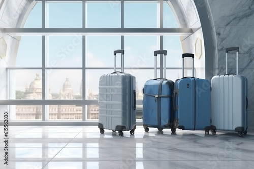 Suitcases in airport. Travel concept. 3d renderin