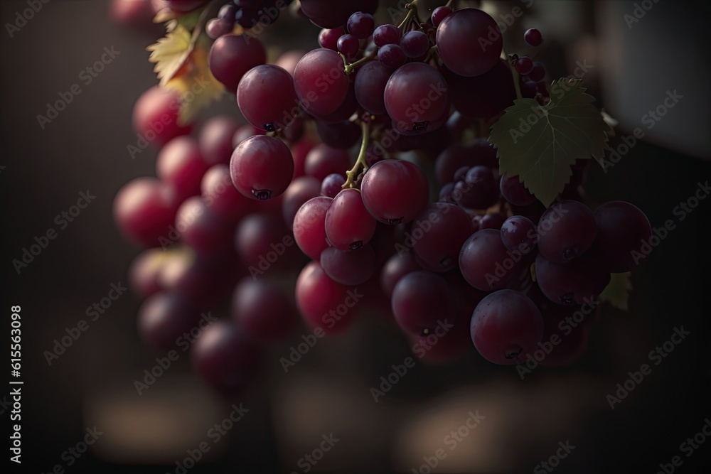 Beautiful grapes image. Bunches of ripe red wine grapes on vine branch, dark tone image, ai generative Beautiful grapes image. Bunches of ripe red wine grapes on vine branch, dark tone image, ai generative