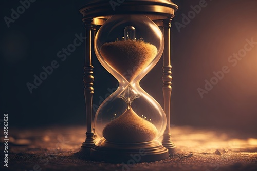 Golden hourglass on the wooden table with a wooden background, ai generative