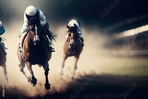 Horse races, jockey and his horse in motion banner, ai generative