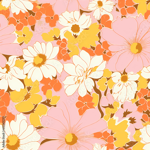 Colorful Large Scale Hand-Drawn Floral Vector Seamless Pattern. Retro 70s Style Nostalgic Fashion Textile Bold Background. Summer Resort Print. Daisies. Flower Power