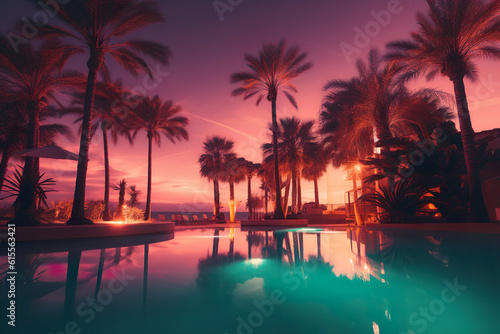 pool at sunset with palm, Moonlit Serenity: Palm Trees on the Beach at Nighttime - A Captivating Blend of Pop Inspo and Nostalgia, Bathed in Light Orange and Aquamarine