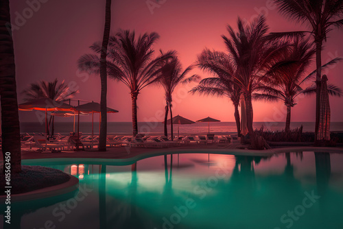 pool at sunset with palm, Moonlit Serenity: Palm Trees on the Beach at Nighttime - A Captivating Blend of Pop Inspo and Nostalgia, Bathed in Light Orange and Aquamarine © Ben
