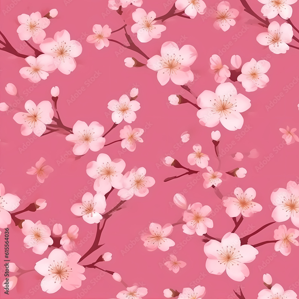Spring sakura blossom seamless pattern. Watercolor floral print. Pink flowers of plum or cherry tree. Botanic floral background.