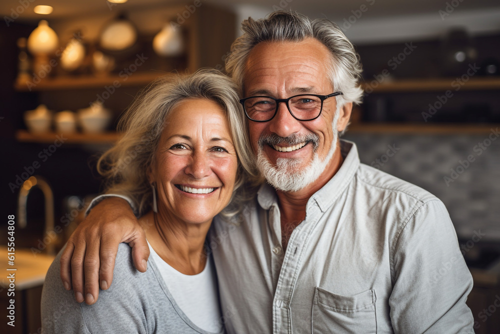 Retired couple hugging with a smile indoors. High quality photo Retired couple hugging with a smile indoors. High quality photo