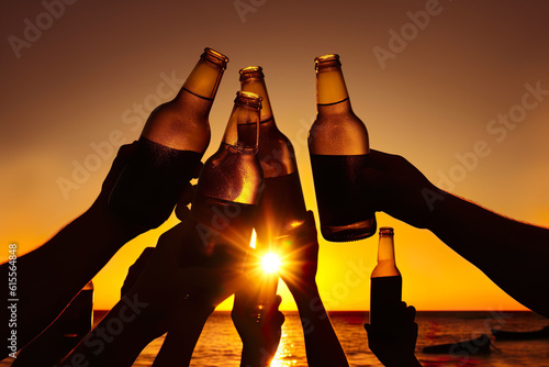 silhouette of a person holding a bottle of beer, Sunset Cheers: A Photo-Realistic Hyperbole of Silhouetted Arms Cheering Beer Bottles on the Beach, Creating Lively Tableaus in a Cult Party Atmosphere