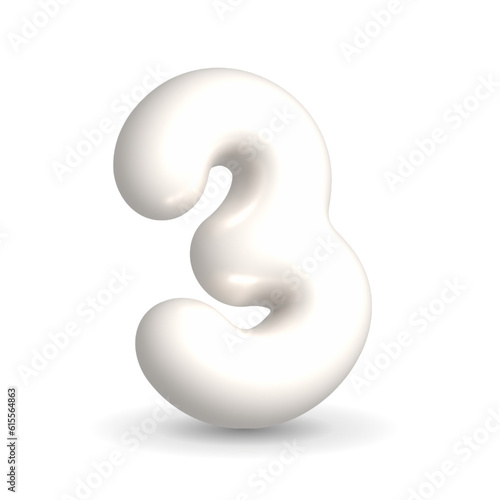 Glossy, lustrous and gleaming white balloon number three. 3d realistic design element isolated on white background. For happy birthday, party, sales.