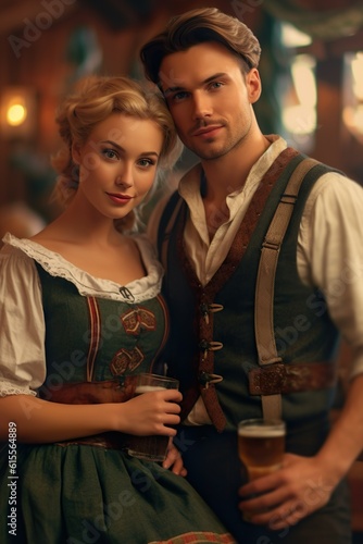 Capturing the Oktoberfest Atmosphere: Couple in Traditional Dirndl Attire Soaking in the Festivities, Generative AI