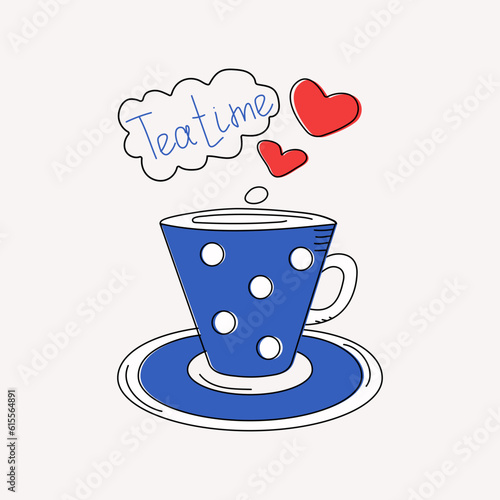 Cup with hot coffee  tea.  Hearts  Valentine s Day. Drinks  utensils.  Doodle style  inscription  calligraphy  Tea Time. Icon  logo  sign. Vector graphic.