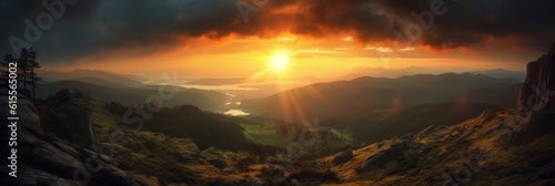 Majestic Sunset Over a Serene Mountain Landscape. Generative AI © BraveSpirit
