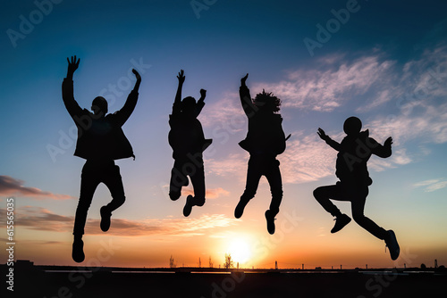 jumping people silhouettes, Boundless Joy: Friends Leaping in the Air, Silhouettes Focused on Joints and Connections - A Bronze Smilecore Moment of Emotional Impact, Against a Sundown © Ben